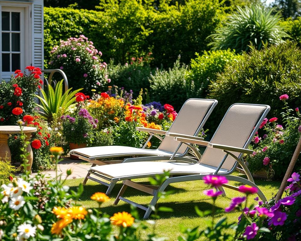 verstelbare ligstoelen in de tuin