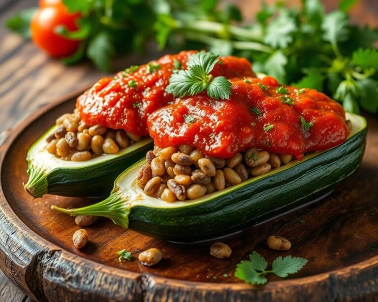 Gevulde courgettes met linzen en tomatensaus