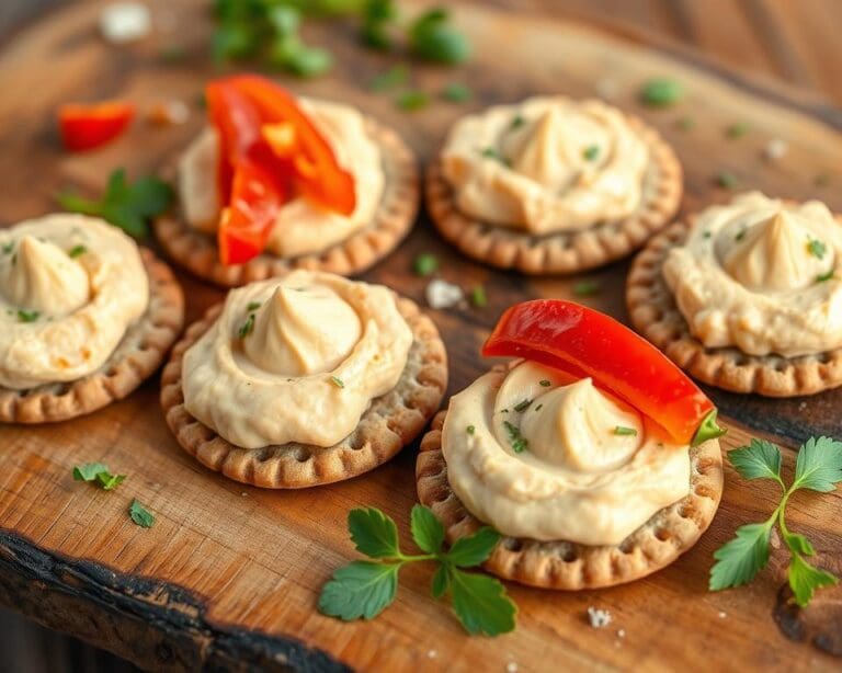 Volkoren crackers met hummus en paprika