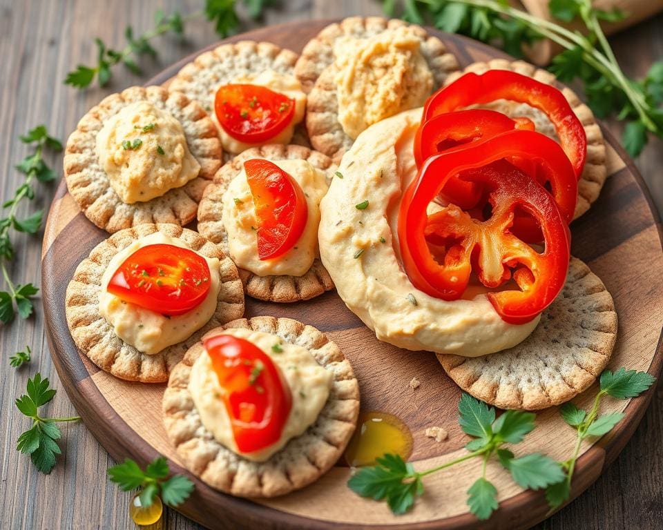 volkoren crackers met hummus en paprika